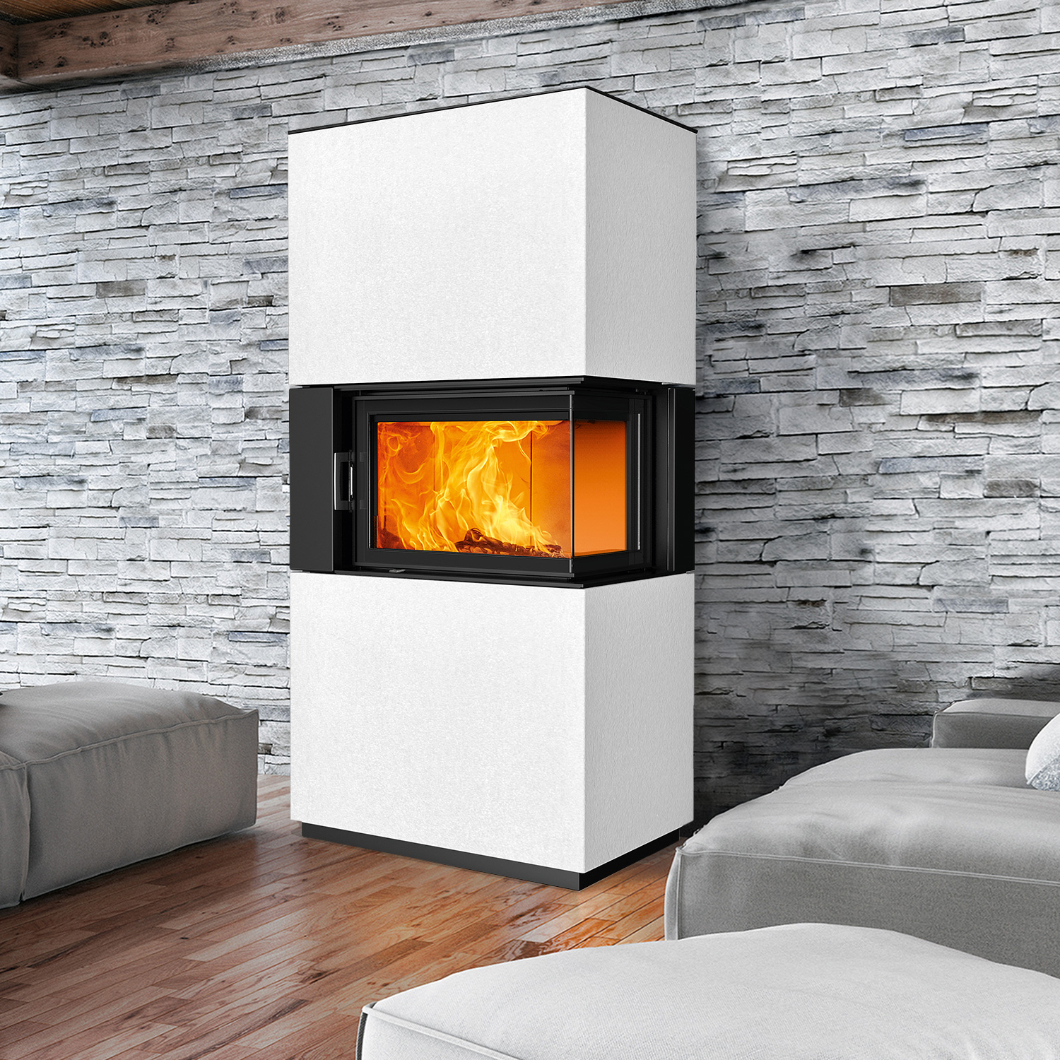 Austroflamm Sam 2.0 Kaminbausatz Eckverglasung rechts mit Klapptür Beton Polar White